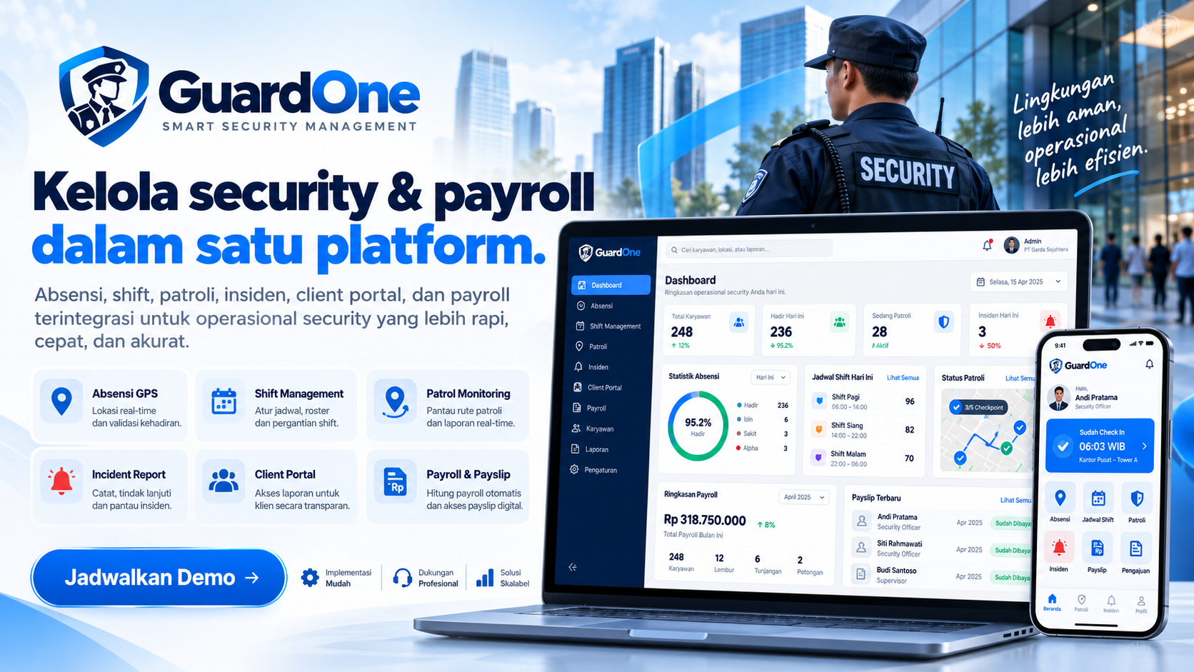 GuardOne, pengelolaan petugas keamanan, absensi, patroli, dan penggajian dalam satu platform